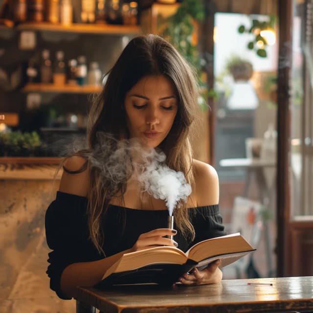 Sofia, founder of Sofia Vapes, sitting in a coffee shop
